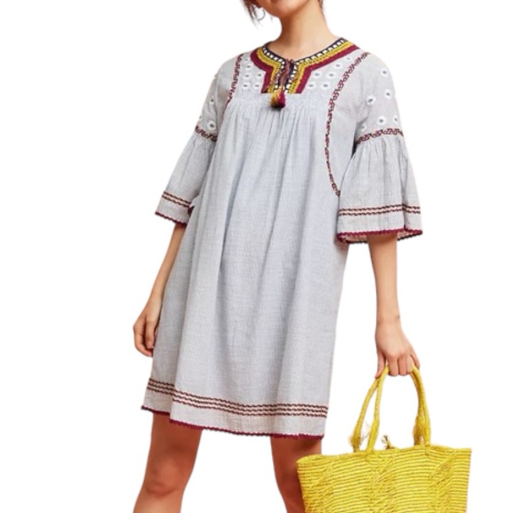 Anthropologie Light Gray Striped Embroidered Shift Dress with Yellow Accents